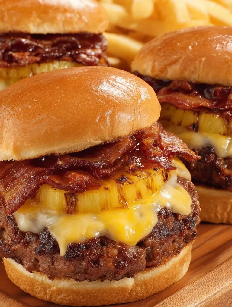 Zwei saftige Burger mit Ananas und Bacon im Brötchen.