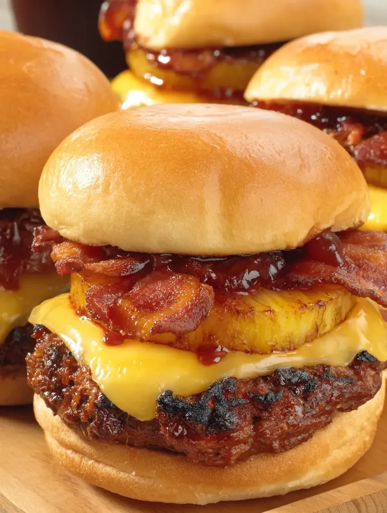 Nahaufnahme von einem Burger mit Ananas, Bacon und geschmolzenem Käse im Brötchen.