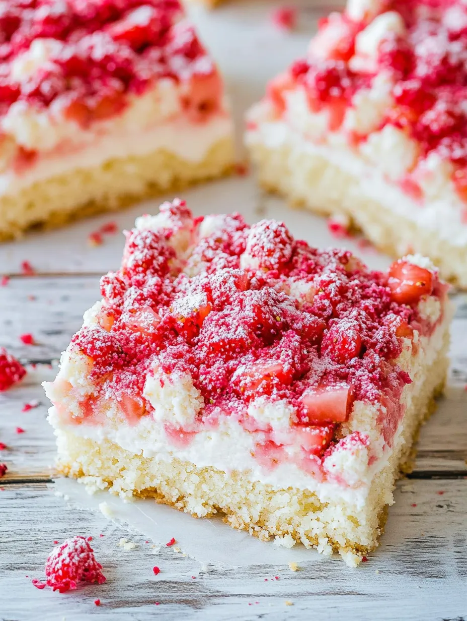 Ein Stück Kuchen mit Erdbeeren obendrauf.