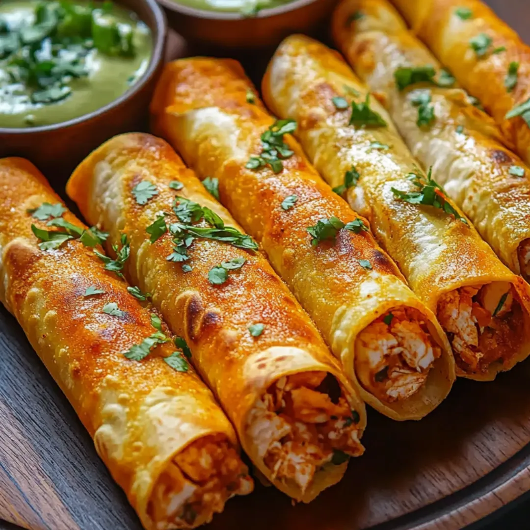 Ein Teller voller Taquitos mit einer Schale Salsa.