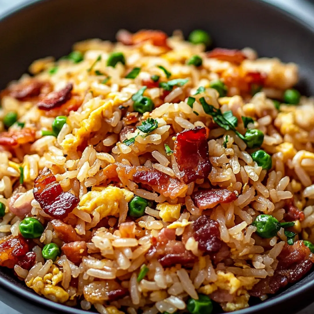 Eine Schale Reis mit Bacon und Erbsen.