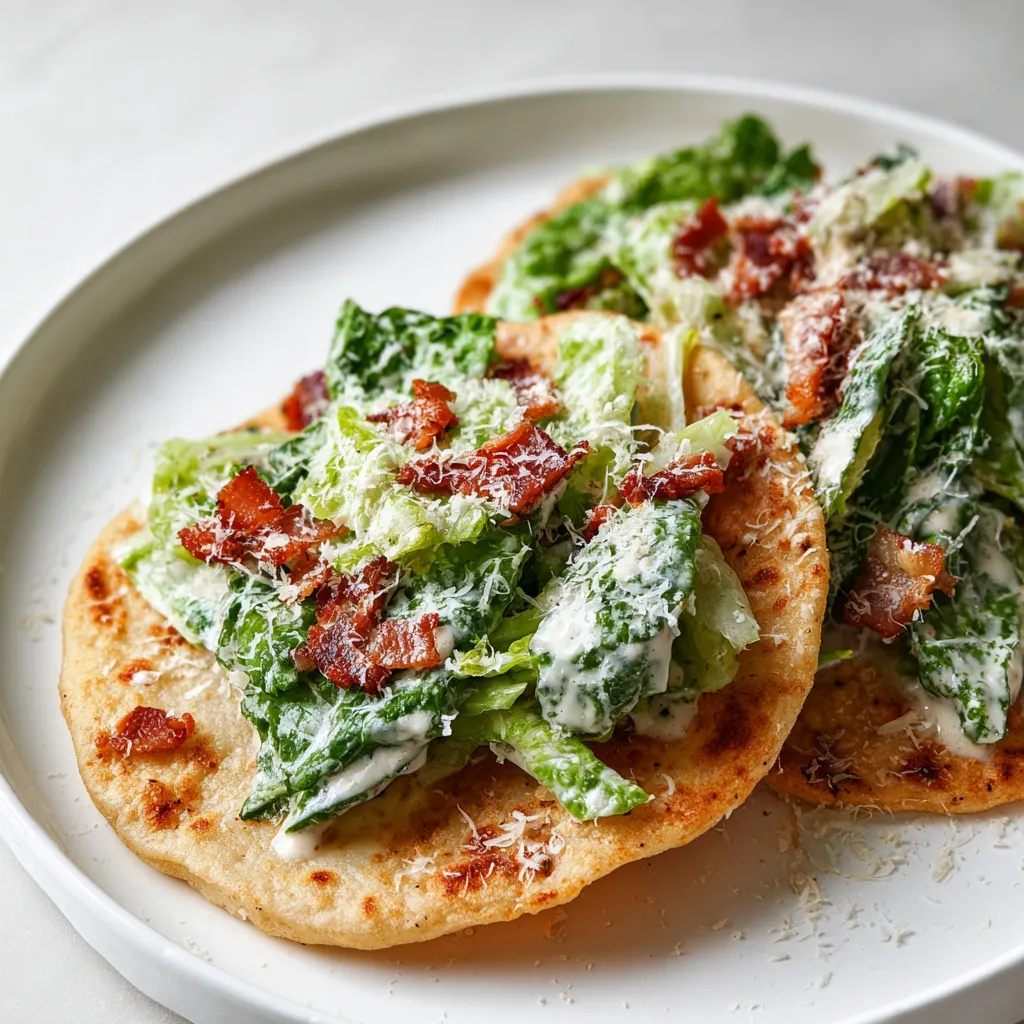 Teller mit Salat, Bacon und Chicken Tacos.