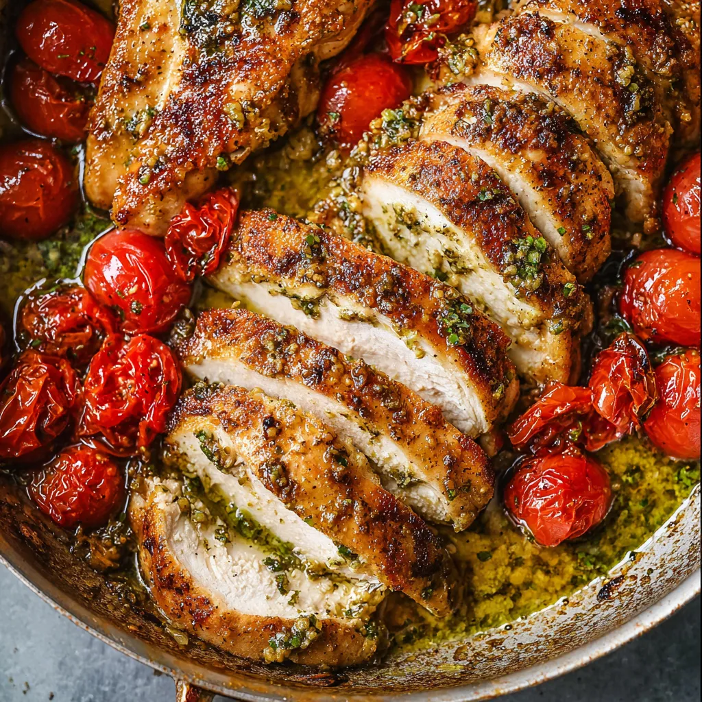 Eine Pfanne voll Huhn mit Tomaten und Kräutern.