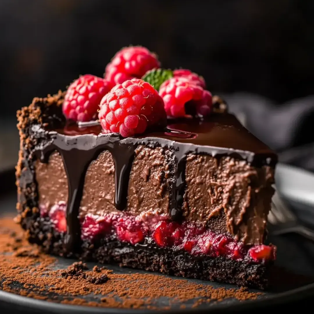 Schokotortenstück mit saftigen Himbeeren obendrauf.