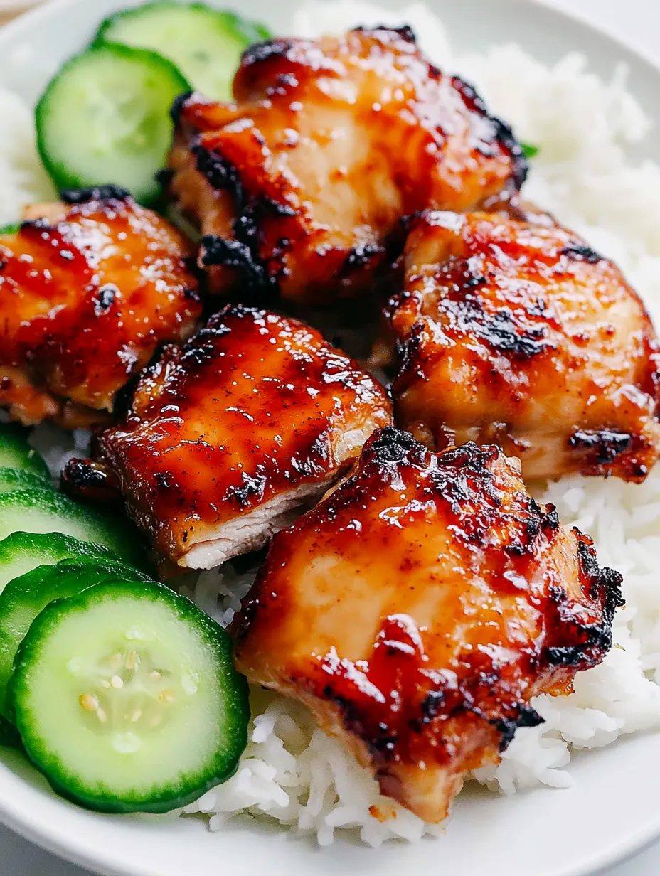 Ein Teller Reis mit gegrilltem Hähnchen und Gurken.