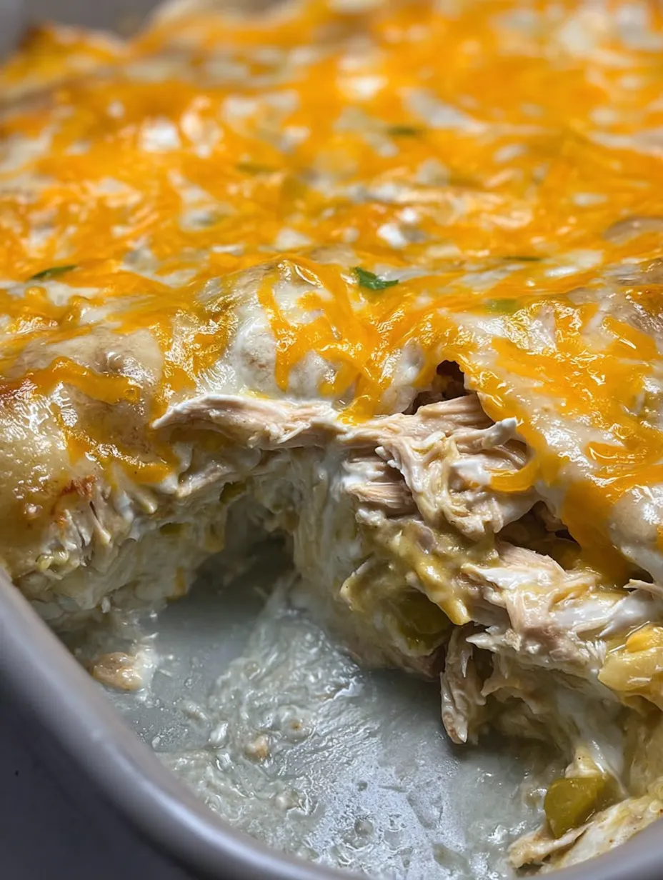 Ein Stück Auflauf mit Hühnchen und Käse.