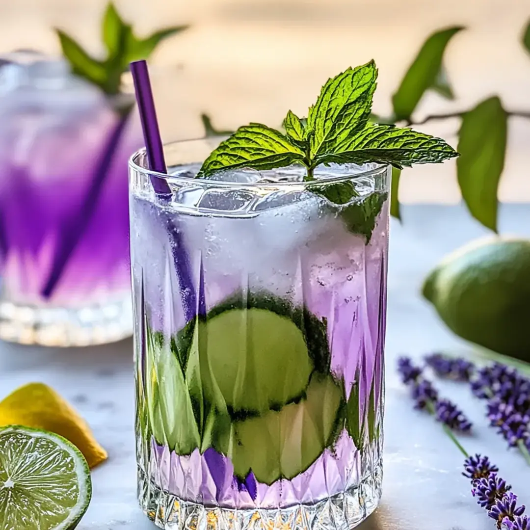 Lila Mocktail mit Gurkengarnitur im Glas.