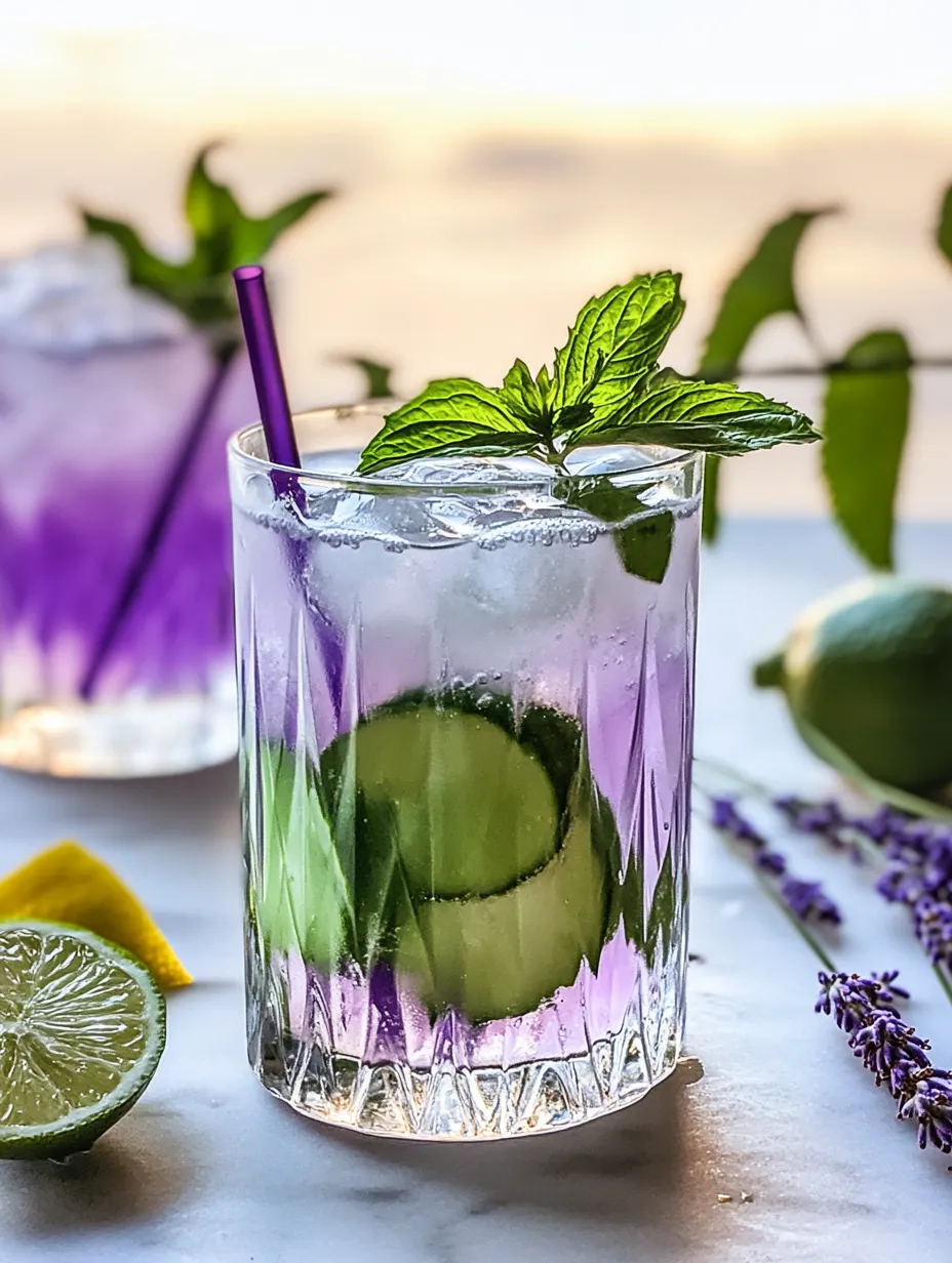Violetter Drink im Glas, mit frischer Minze dekoriert.