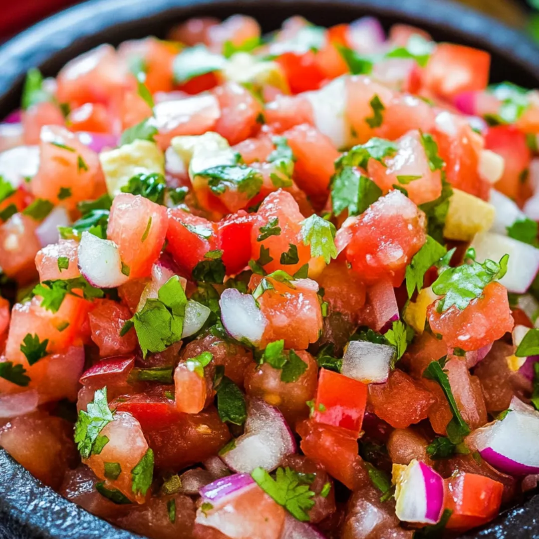 Eine Schüssel Salsa mit Tomaten, Zwiebeln und Koriander.