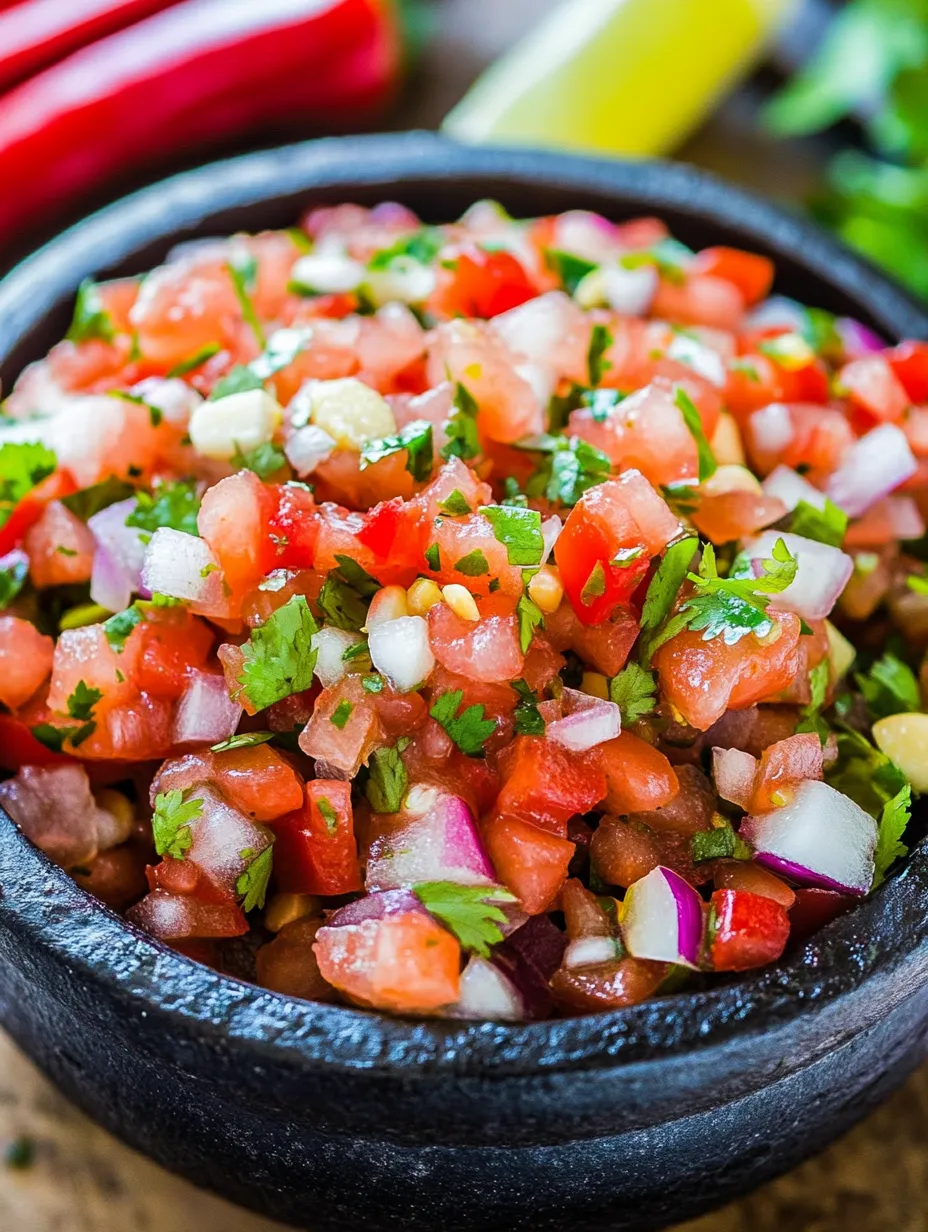 Eine Schüssel Salsa mit Tomaten, Zwiebeln und Peperoni.