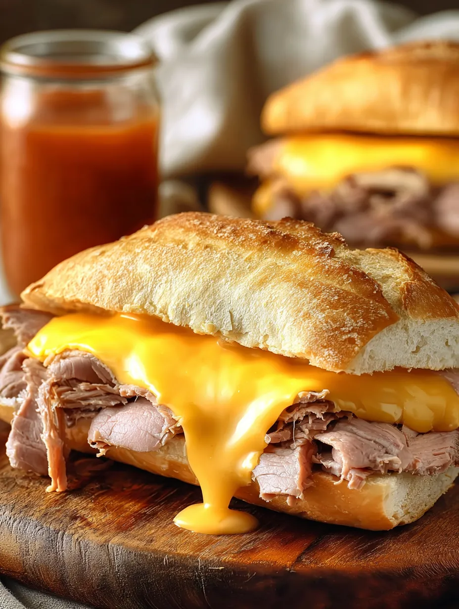 Nahaufnahme eines Sandwiches mit Käse und Rindfleisch.