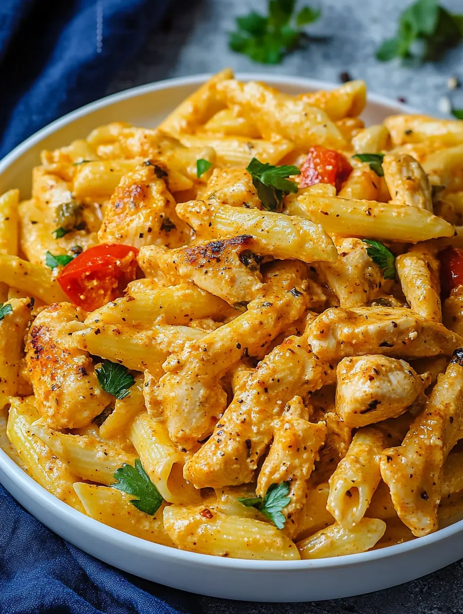 Eine Schale Pasta mit Hähnchen und Tomaten.
