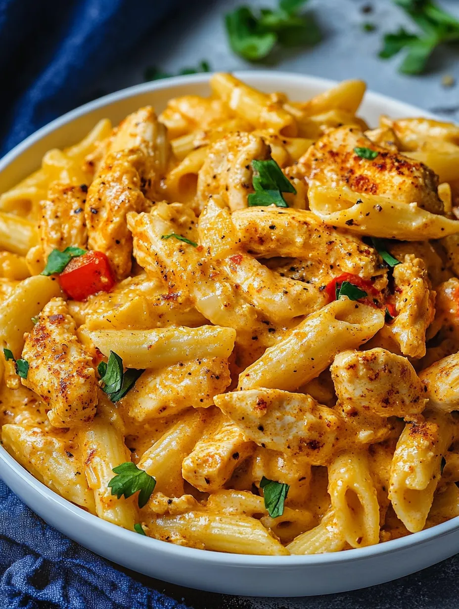 Eine Schale Pasta mit Hähnchen und Gemüse.