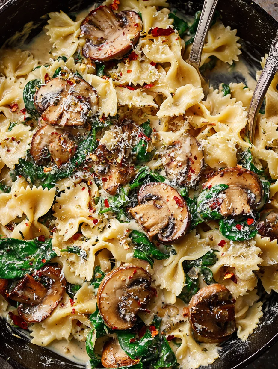 Ein Teller Pasta mit Pilzen und Spinat.