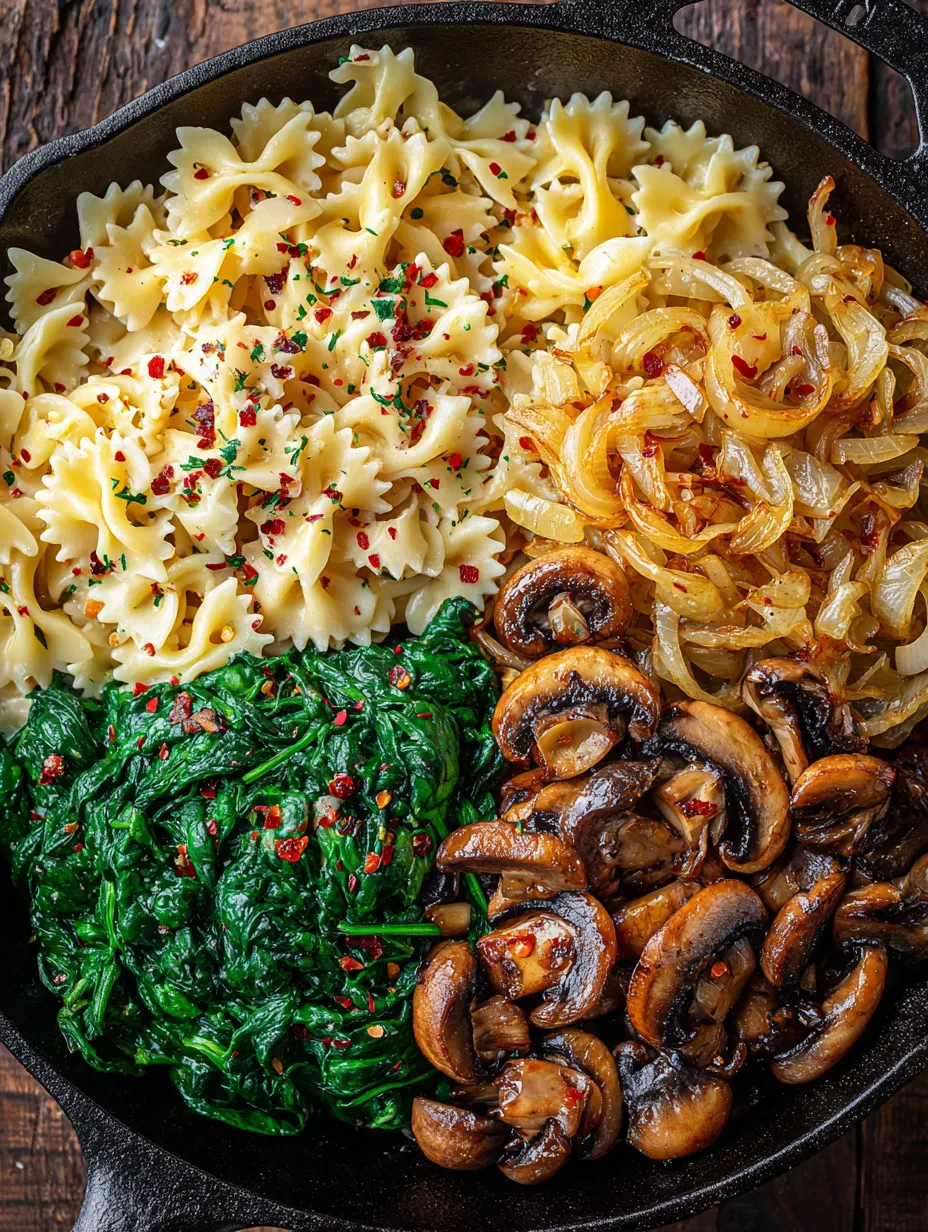 Schüssel mit Pilzen, Zwiebeln und Pasta.