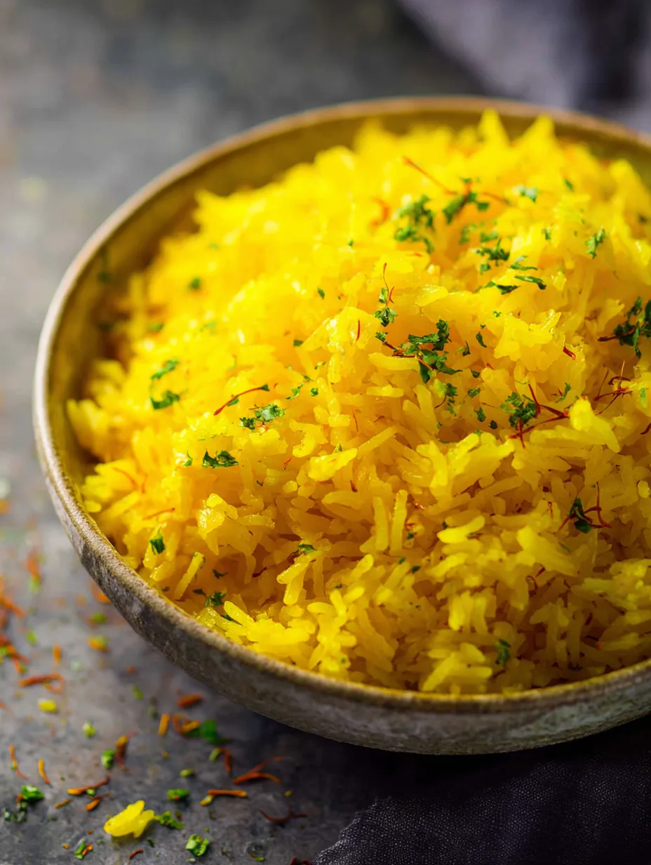 Eine Schale mit gelbem Reis und grünen Kräutern.