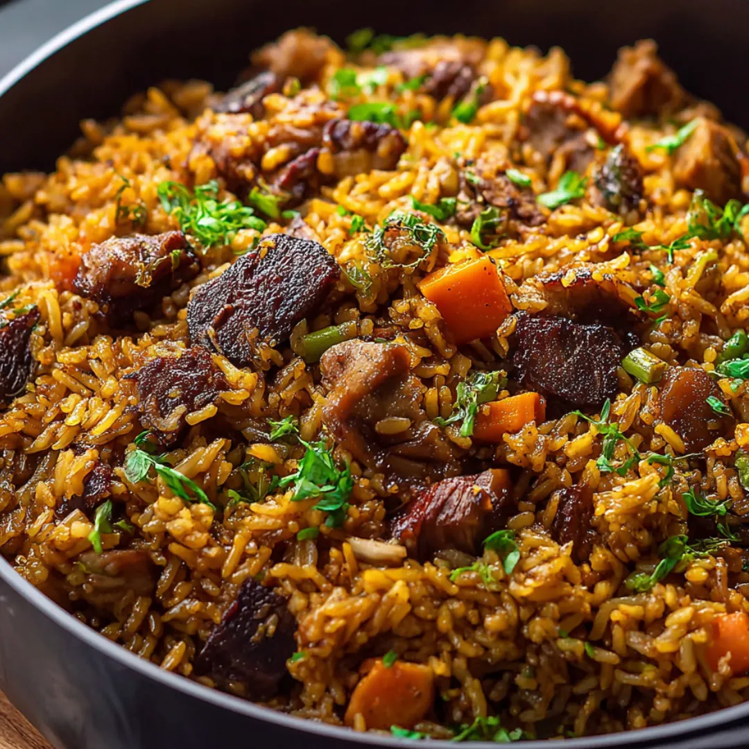 Schale mit Reis, Fleisch und Gemüse.