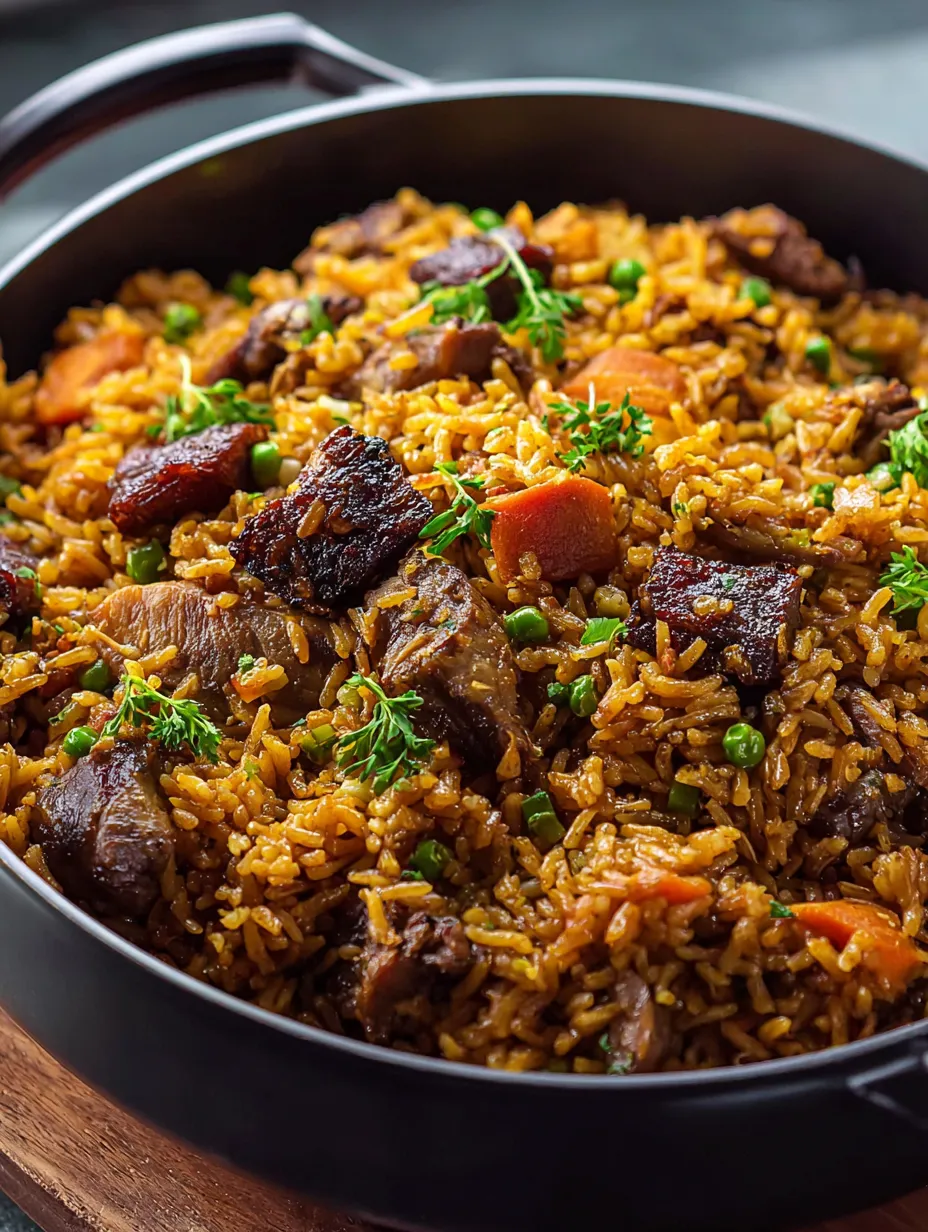 Eine Schüssel Reis mit Fleisch und Erbsen.