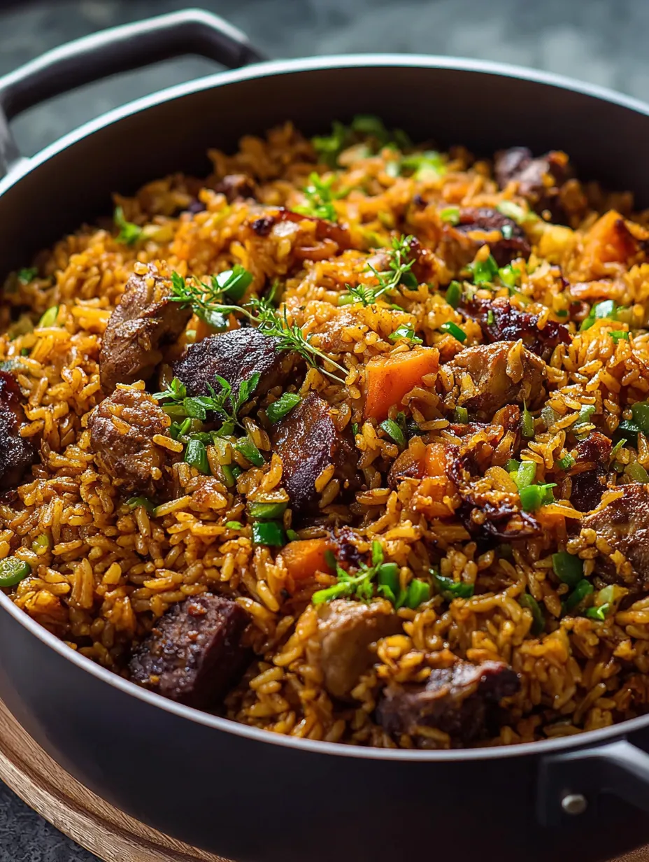 Eine Schüssel Reis mit Fleisch und Gemüse.