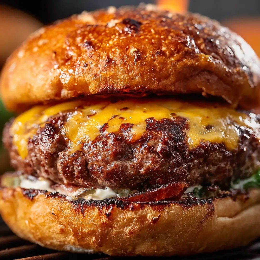 Ein Burger mit Käse und knusprigem Bacon oben drauf.