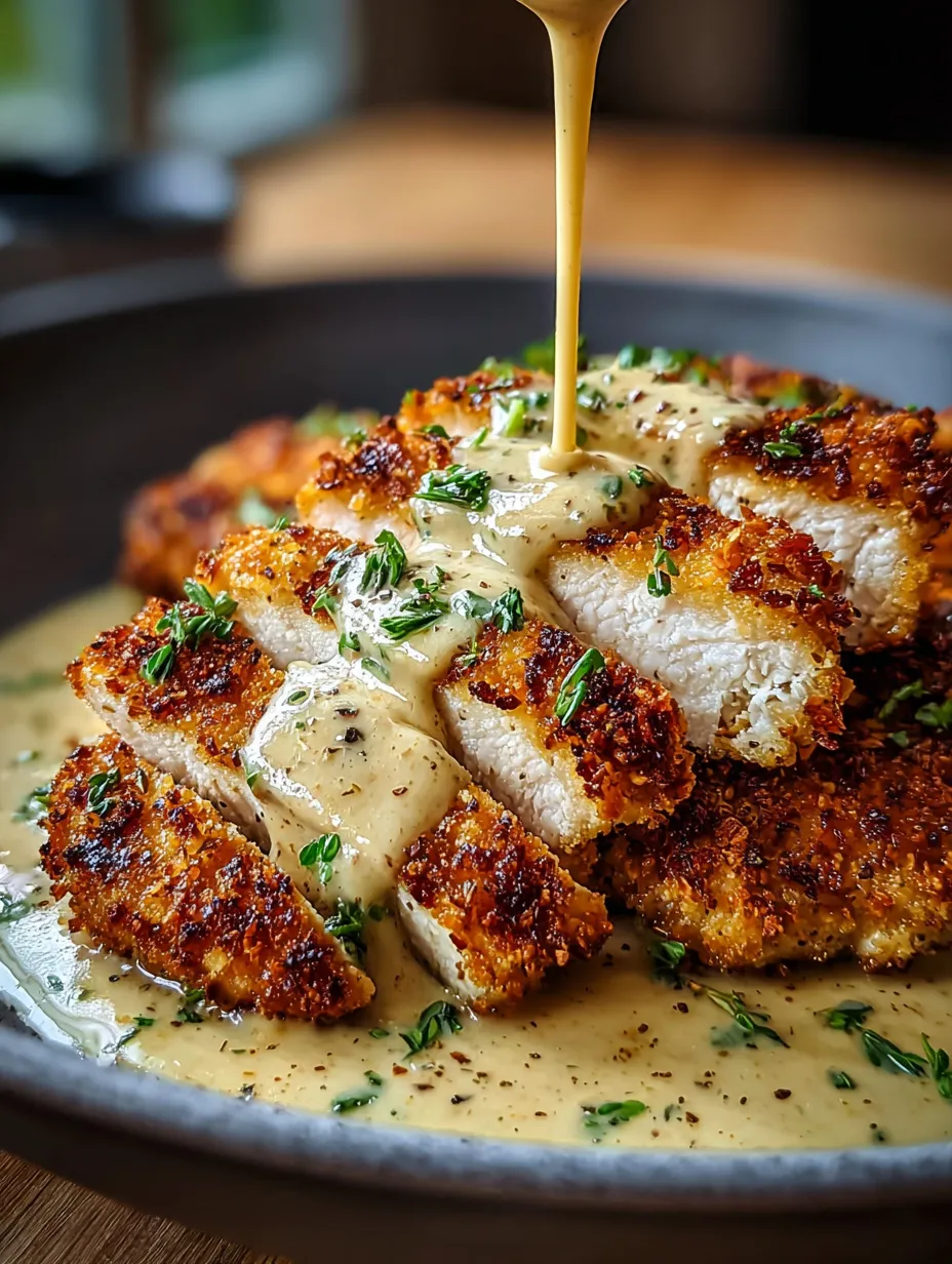 Teller mit Hähnchen und gelber Sauce obenauf.