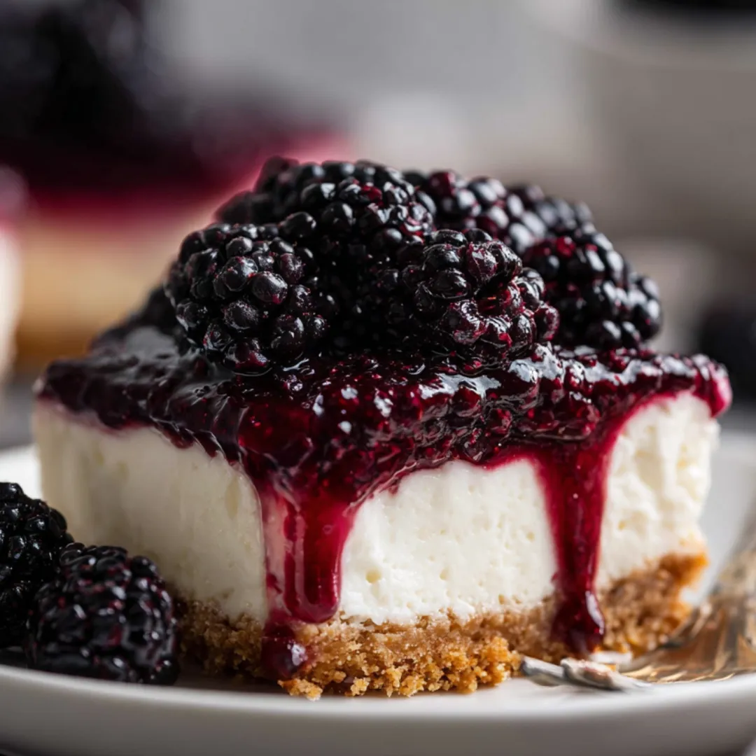 Ein Stück Käsekuchen mit Brombeeren oben drauf.