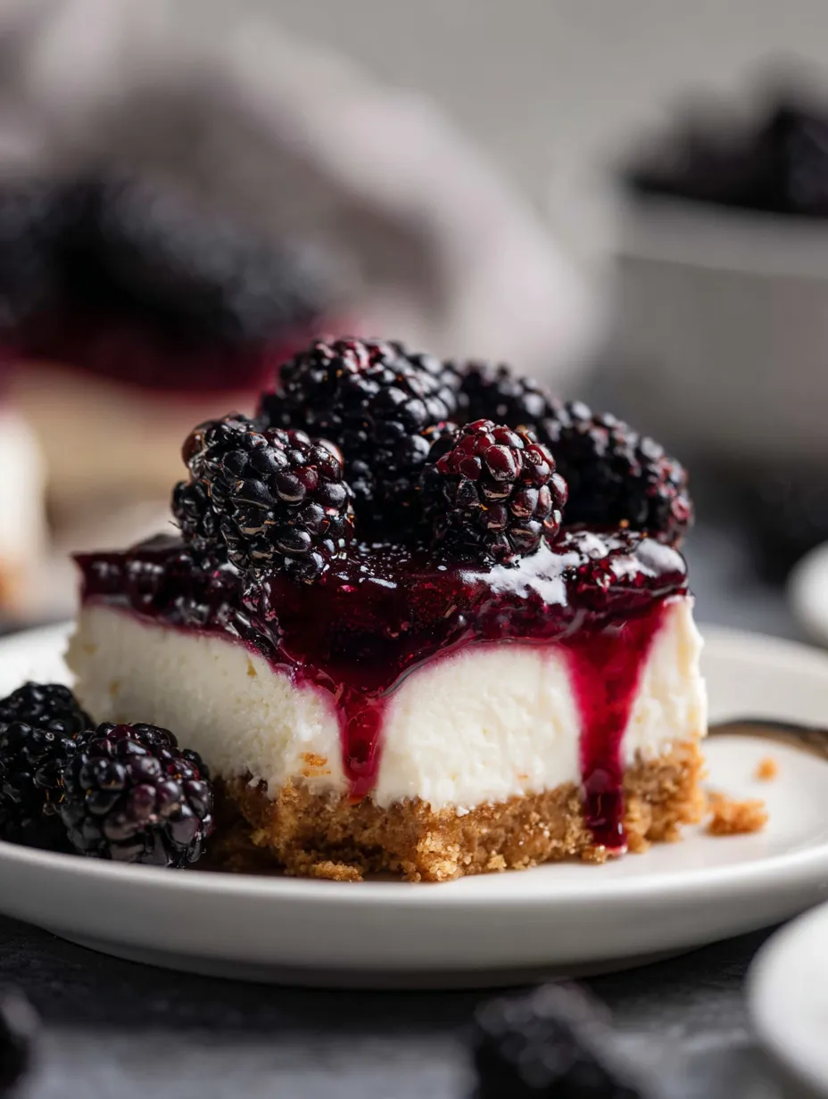 Ein Stück Käsekuchen mit Brombeeren oben drauf.
