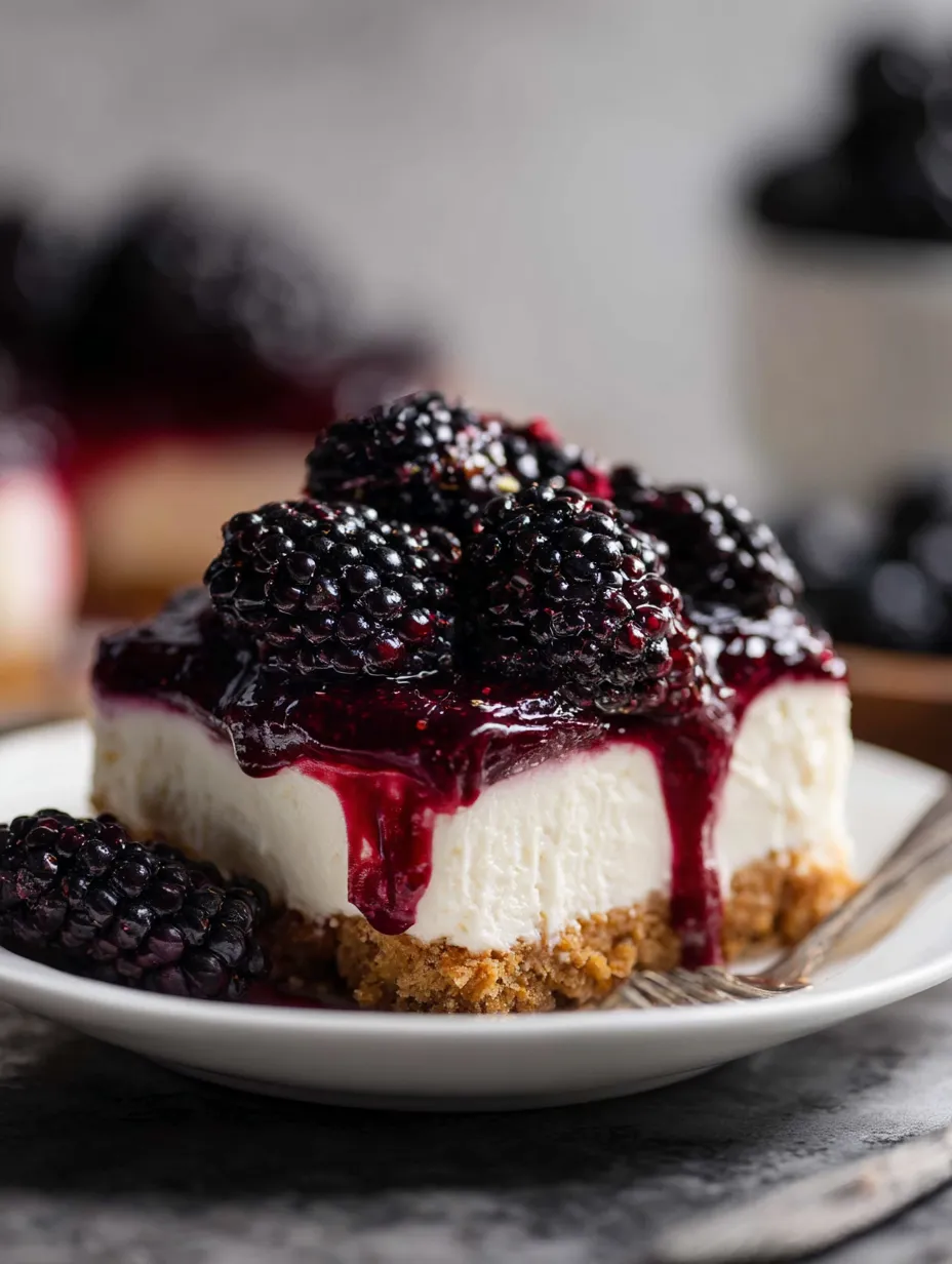 Ein Stück Käsekuchen mit Brombeeren oben drauf.