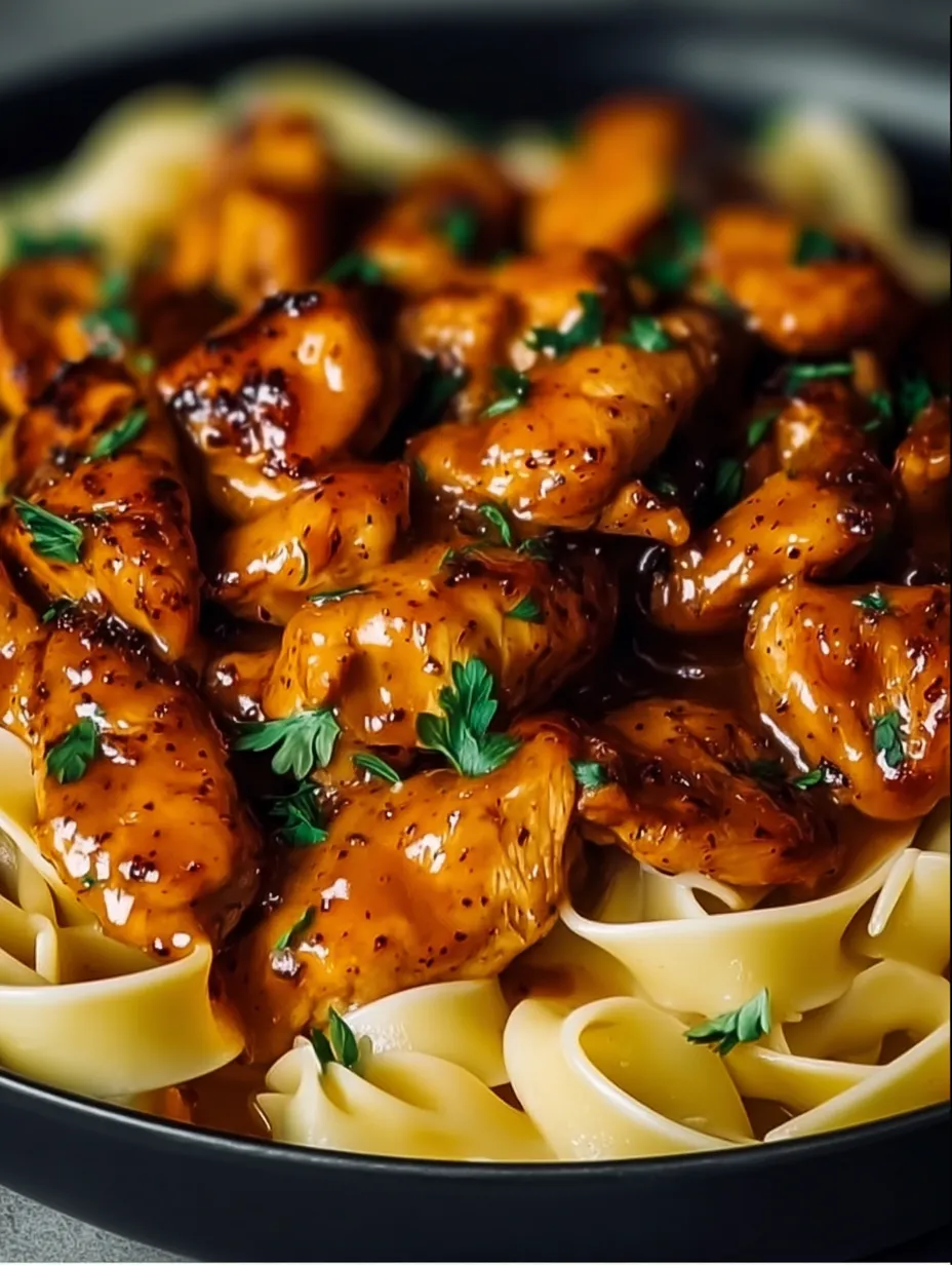 Hähnchen und Pasta auf einem Teller.