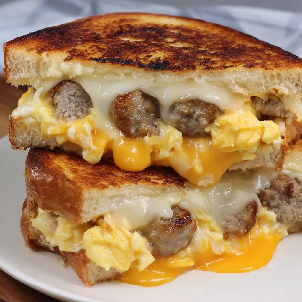 Ein getoastetes Sandwich mit Wurst und Ei.