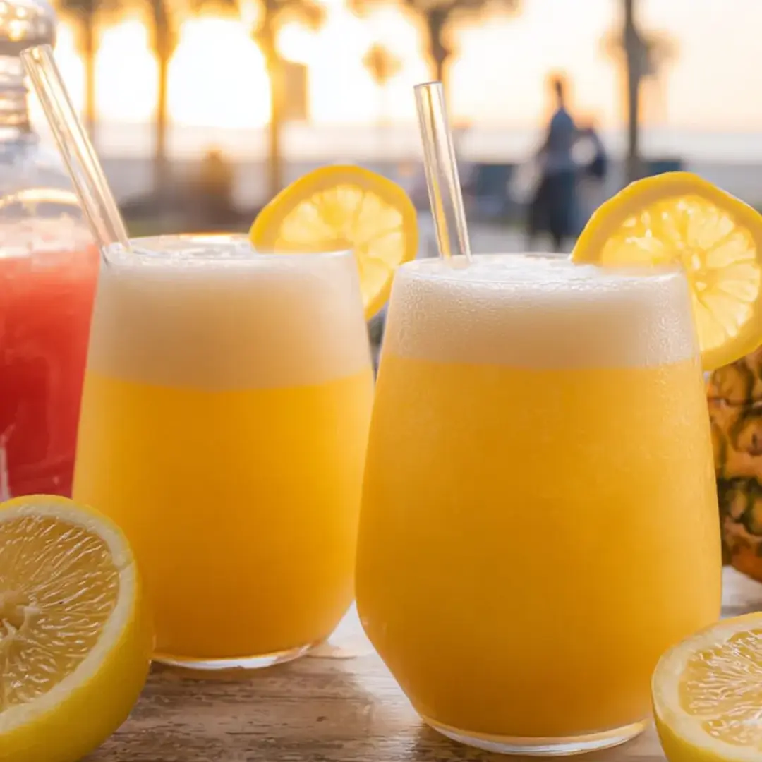 Drei Gläser Limonade stehen zusammen auf einem Tisch.