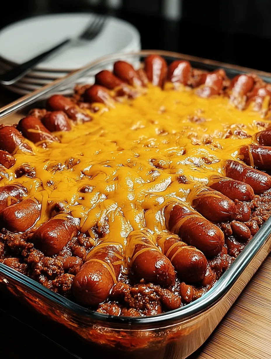 Eine Auflaufform mit Chili und Würstchen.