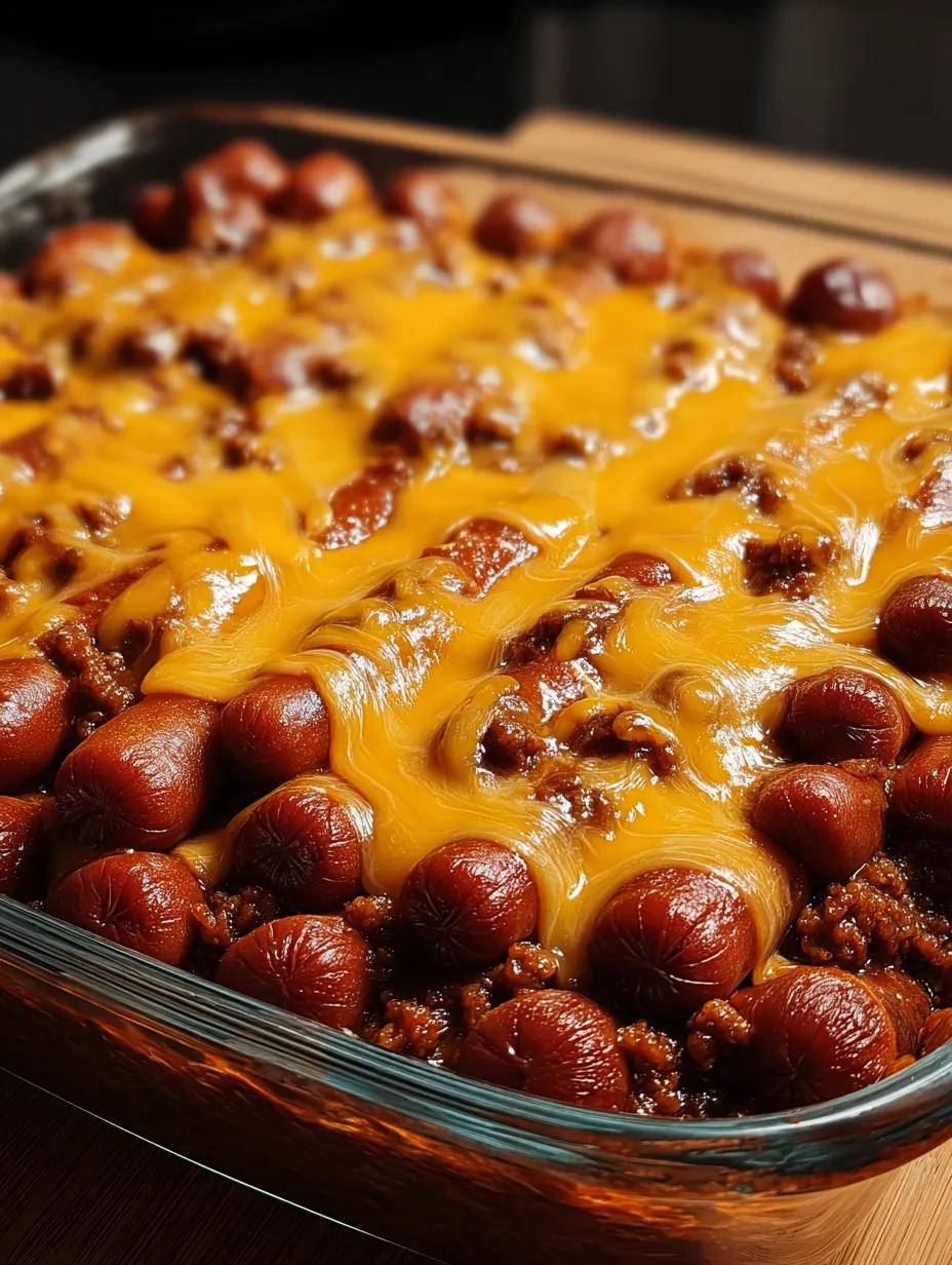 Ein Auflauf mit Chili und Würstchen obendrauf.