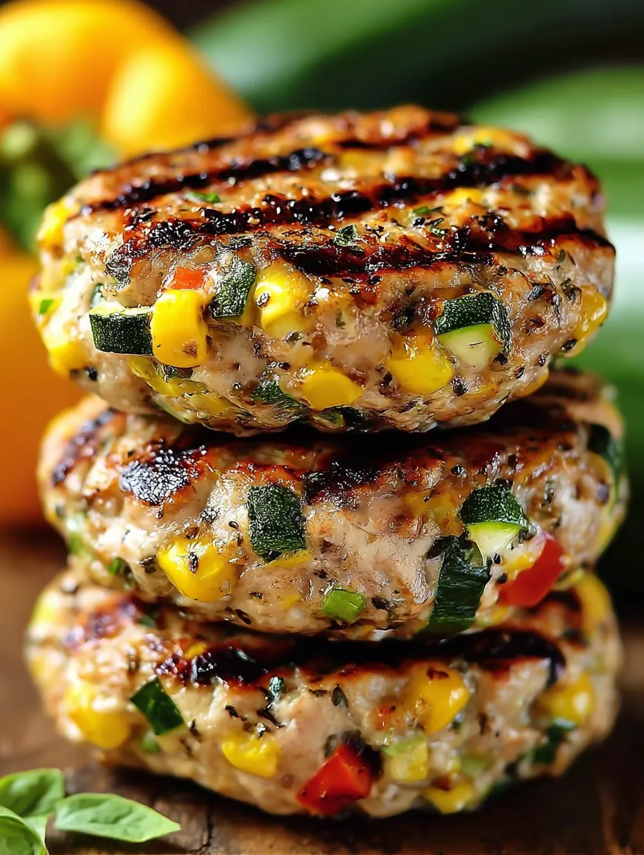 Gestapelte Burger mit Mais und Zucchini.