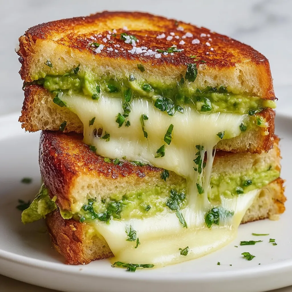 Ein Stapel goldbraune Sandwiches mit Avocadofüllung.