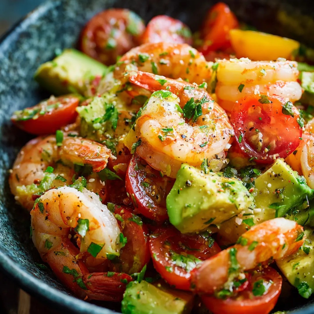 Eine Schüssel mit Garnelen und Tomaten.