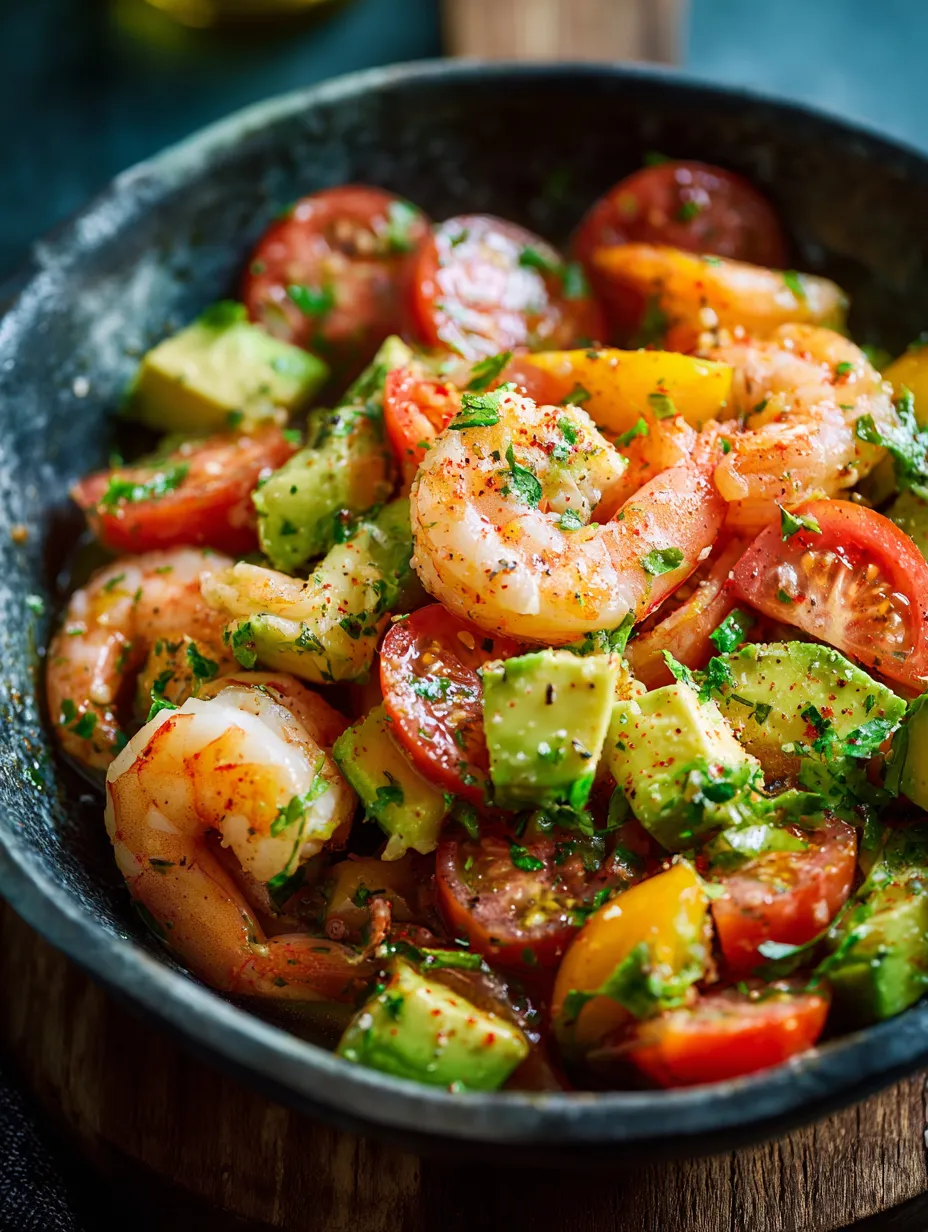 Eine Schüssel mit Garnelen und Tomaten.