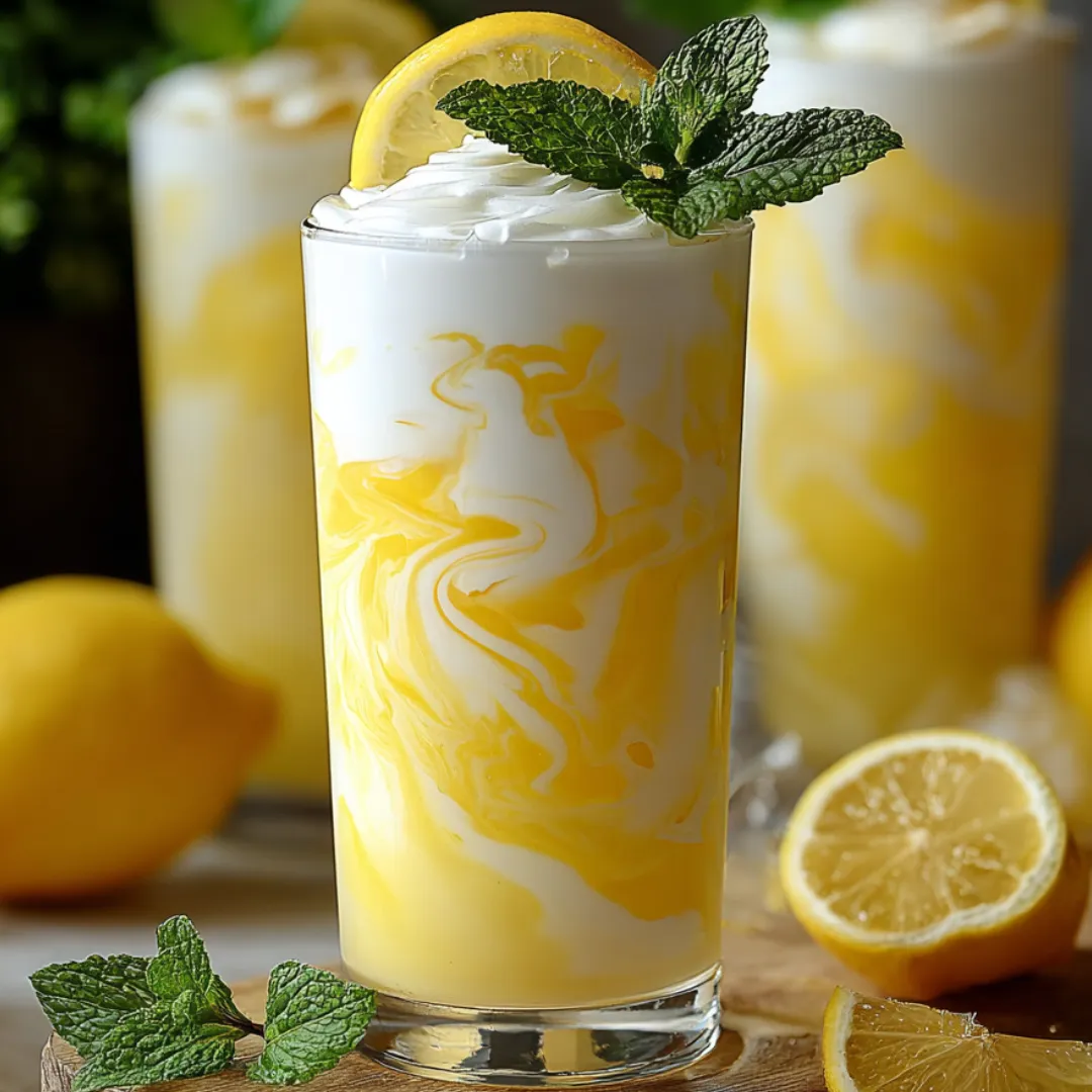 Ein Glas gelbe Limo mit Zitronenscheibe obendrauf.