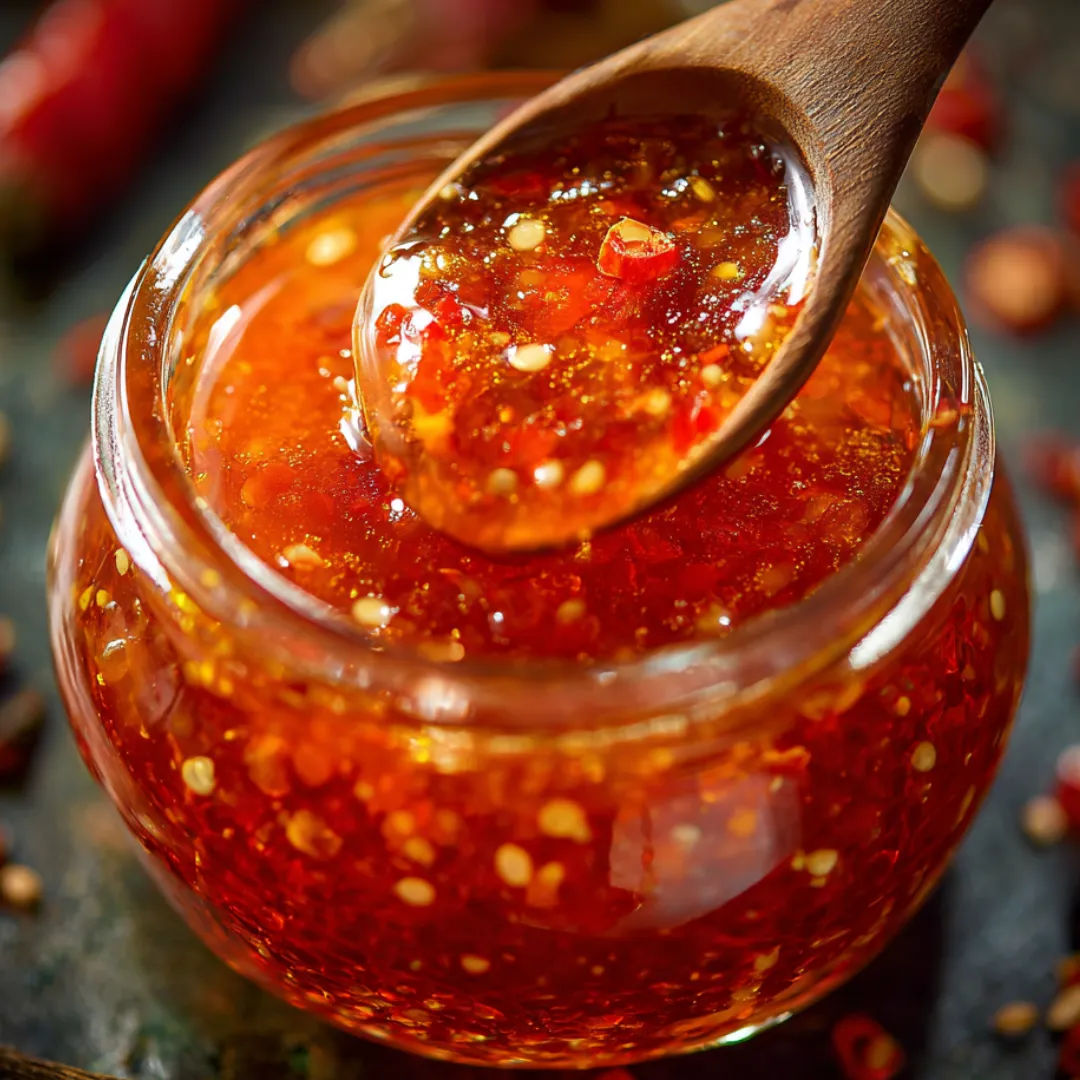 Ein Holzlöffel steckt in einem Glas roter Paprikasauce.