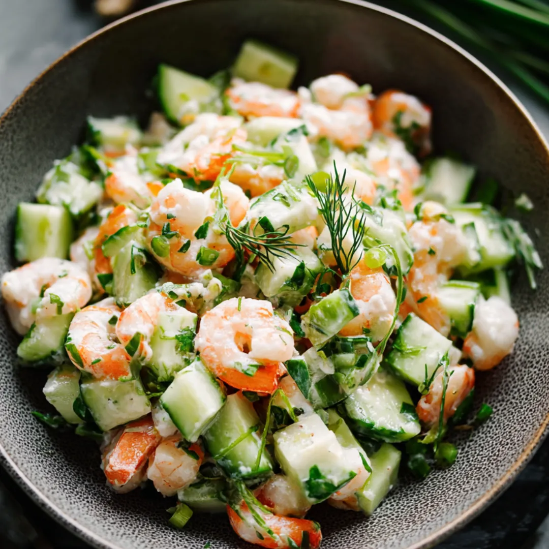 Eine Schüssel Garnelen-Gurken-Salat mit frischen Kräutern.