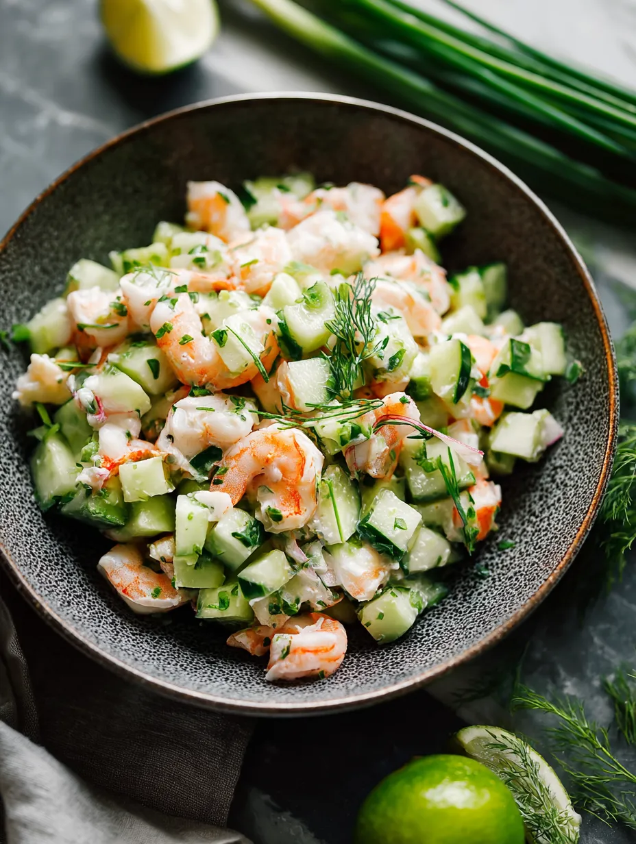 Eine Schale mit Garnelensalat, Gurke und Kräutern.