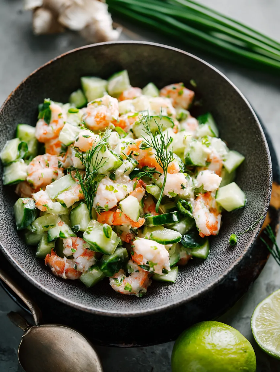 Eine Schale mit Garnelensalat, Gurke und Kräutern.
