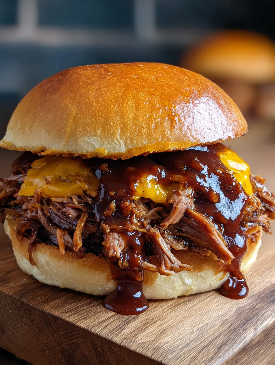 Ein BBQ-Sandwich mit leckerer Sauce, ganz nah.