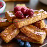 Ein Stapel Toaststicks mit Himbeeren obendrauf.