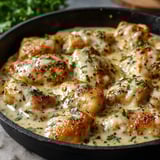Eine Pfanne mit Huhn, Käse und frischen Kräutern.