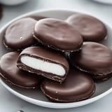 Eine Schüssel mit Schokolade und weißen Keksen.