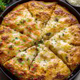 Eine Pizza, oben mit Käse und Kräutern.