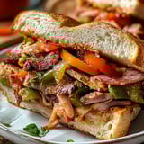 Ein Sandwich mit Fleisch, Tomaten, Paprika und Salat.