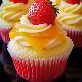 Ein Cupcake mit Erdbeere oben drauf.