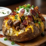 Nahaufnahme einer Kartoffel mit Speck und Käse.